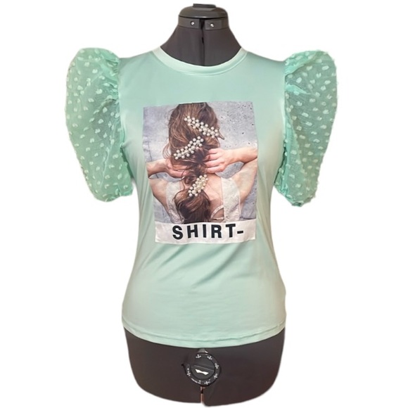 Miss Mia Mia Mint Green Balloon Sleeve Spandex T-shirt Top Size Medium - Picture 2 of 16